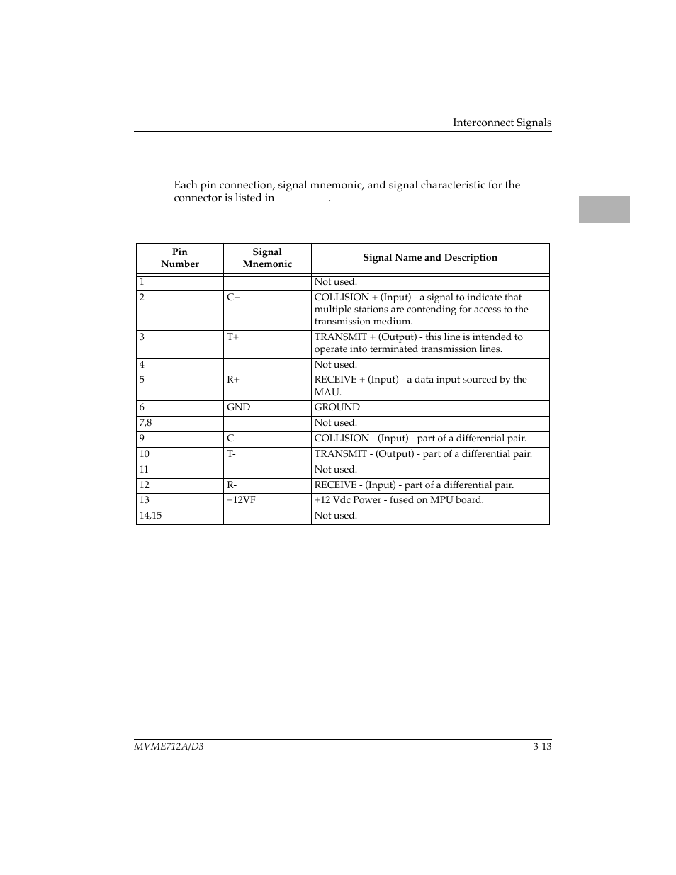 Connector ethernet interconnect signals (mvme712b), Table 3-8. ethernet interconnect signals (mvme712b, Table 3-8 | Motorola MVME712B User Manual | Page 46 / 74