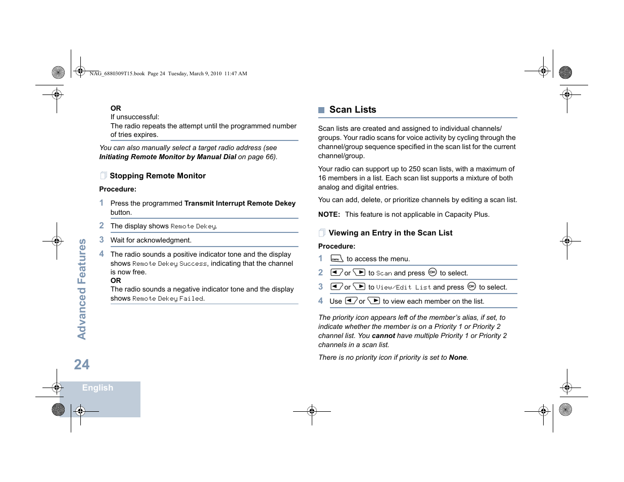 Stopping remote monitor, Scan lists, Viewing an entry in the scan list | Advanced features | Motorola 4550 User Manual | Page 34 / 92