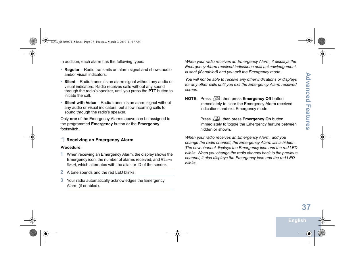 Receiving an emergency alarm, Advanced features | Motorola 4550 User Manual | Page 47 / 92
