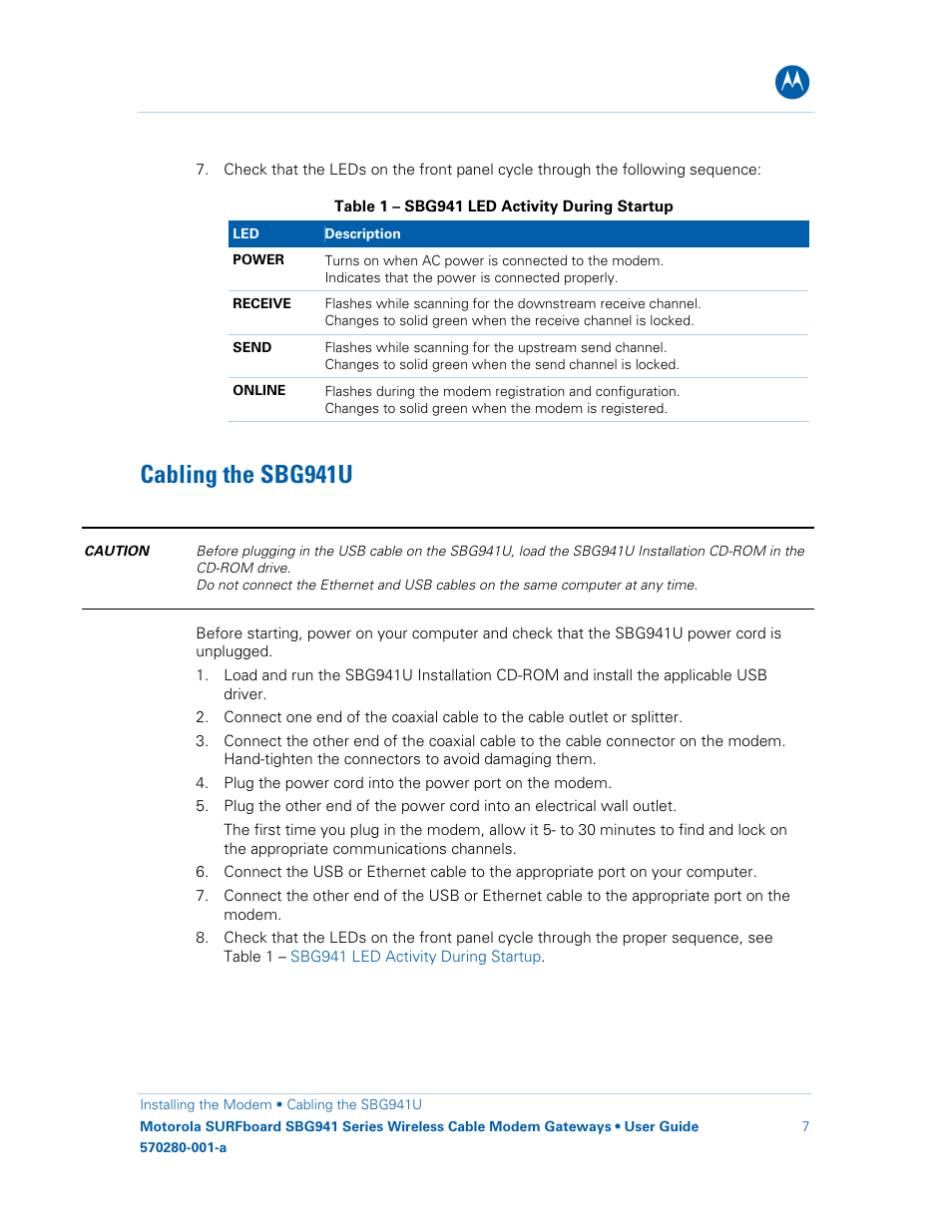 Cabling the sbg941u, Table 1 – sbg941 led activity during startup | Motorola SURFboard 570280-001-a User Manual | Page 15 / 78