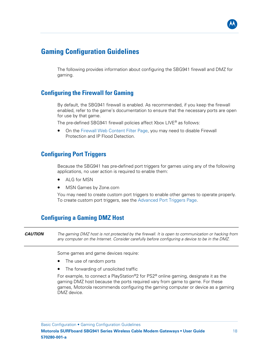 Gaming configuration guidelines, Configuring the firewall for gaming, Configuring port triggers | Configuring a gaming dmz host | Motorola SURFboard 570280-001-a User Manual | Page 26 / 78