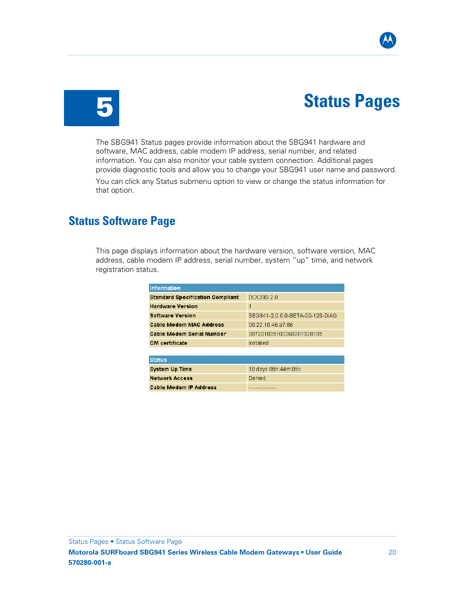 Status pages, Status software page | Motorola SURFboard 570280-001-a User Manual | Page 28 / 78