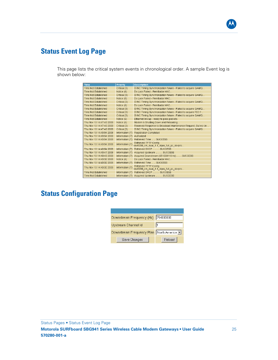 Status event log page, Status configuration page | Motorola SURFboard 570280-001-a User Manual | Page 33 / 78