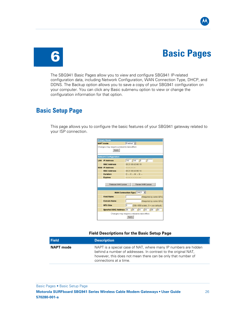 Basic pages, Basic setup page | Motorola SURFboard 570280-001-a User Manual | Page 34 / 78
