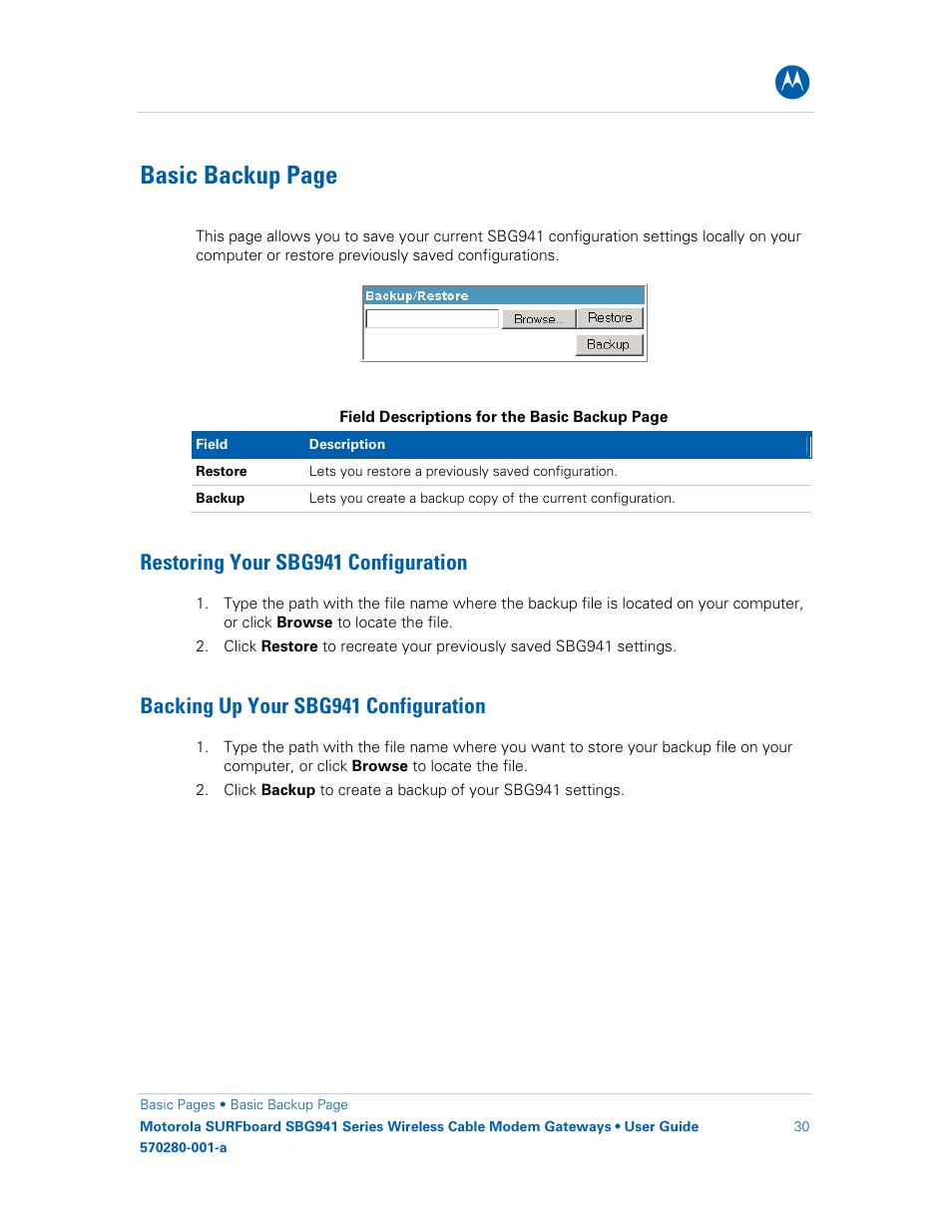 Restoring your sbg941 configuration, Backing up your sbg941 configuration, Basic backup page | Motorola SURFboard 570280-001-a User Manual | Page 38 / 78