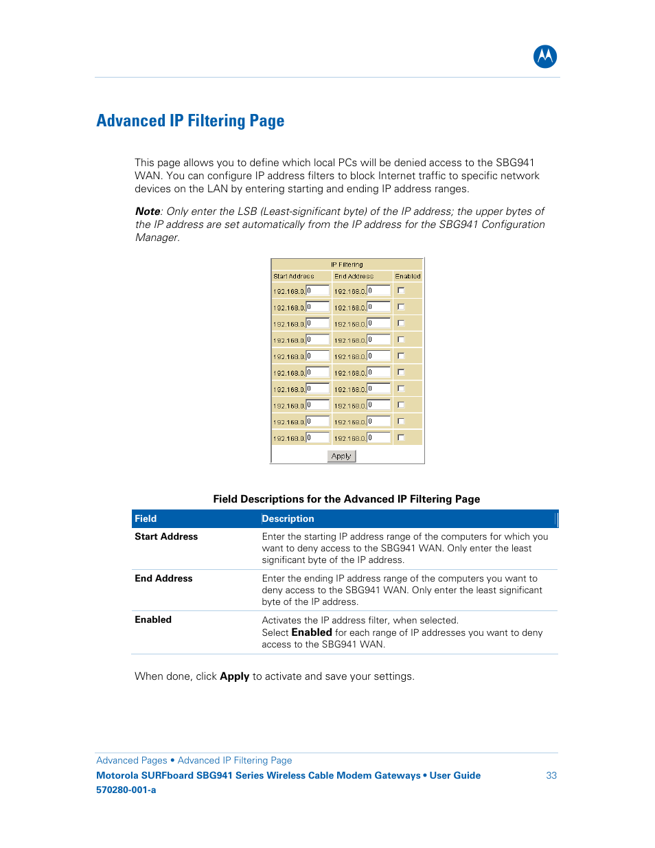 Advanced ip filtering page | Motorola SURFboard 570280-001-a User Manual | Page 41 / 78