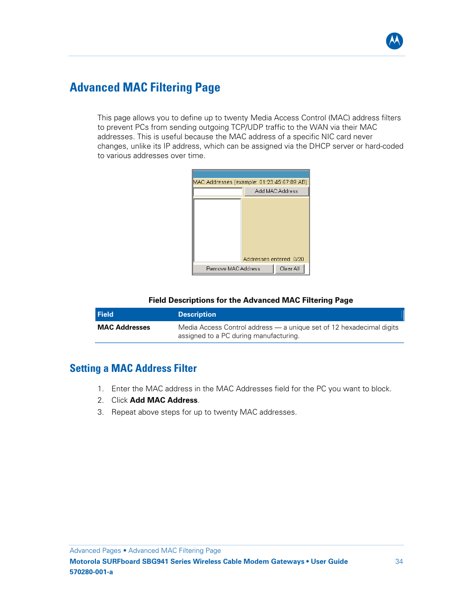 Setting a mac address filter, Advanced mac filtering page | Motorola SURFboard 570280-001-a User Manual | Page 42 / 78