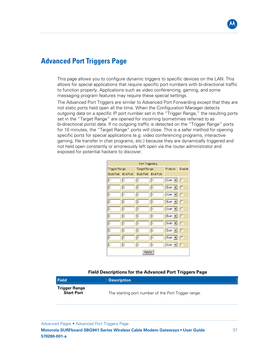 Advanced port triggers page | Motorola SURFboard 570280-001-a User Manual | Page 45 / 78