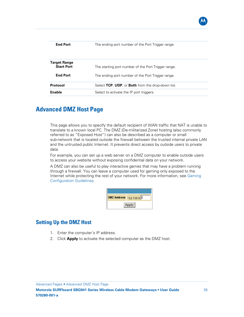 Setting up the dmz host, Advanced dmz host page | Motorola SURFboard 570280-001-a User Manual | Page 46 / 78