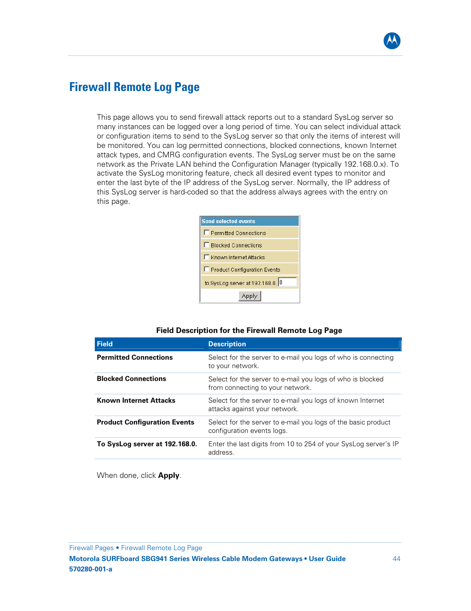 Firewall remote log page | Motorola SURFboard 570280-001-a User Manual | Page 52 / 78
