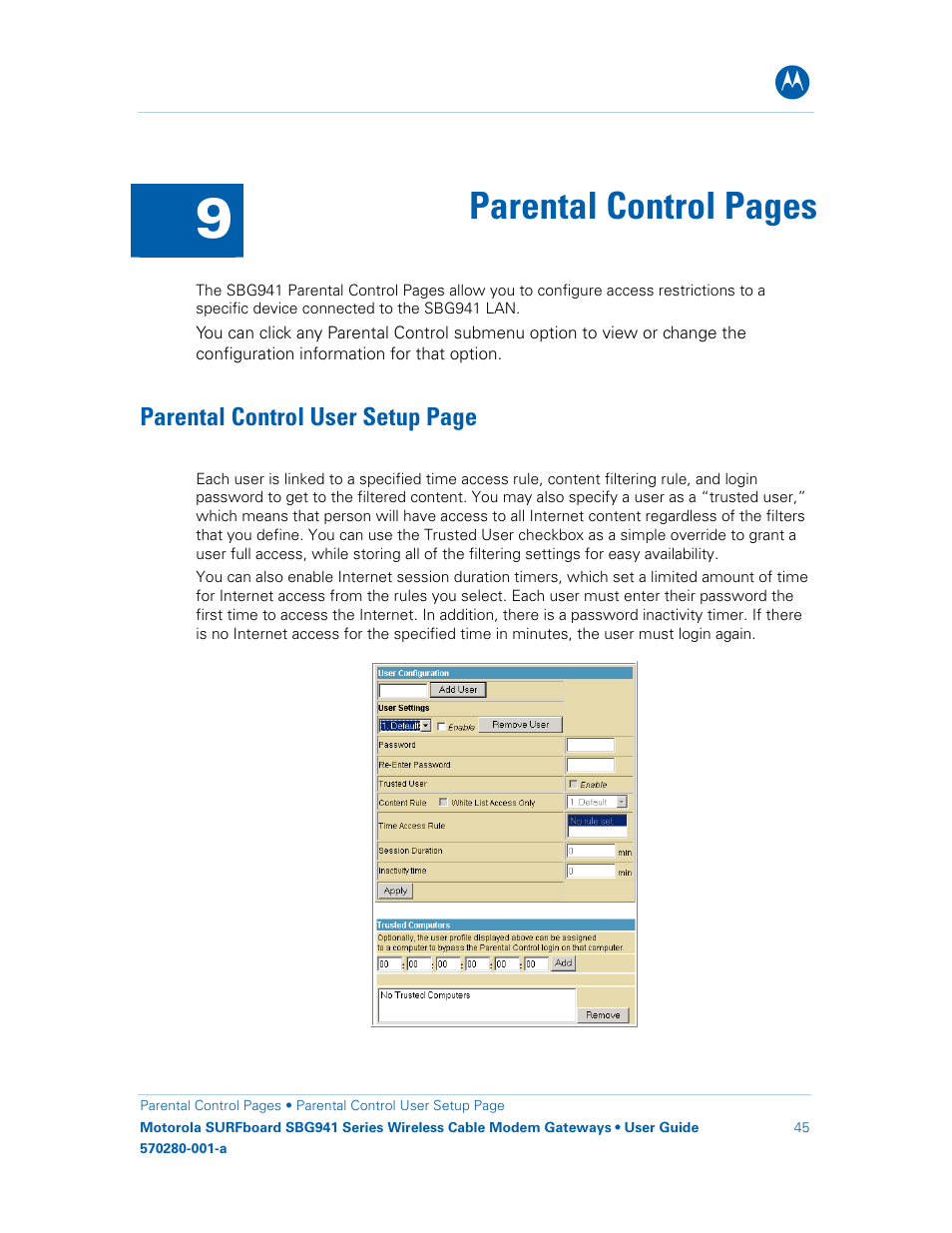 Parental control pages, Parental control user setup page | Motorola SURFboard 570280-001-a User Manual | Page 53 / 78