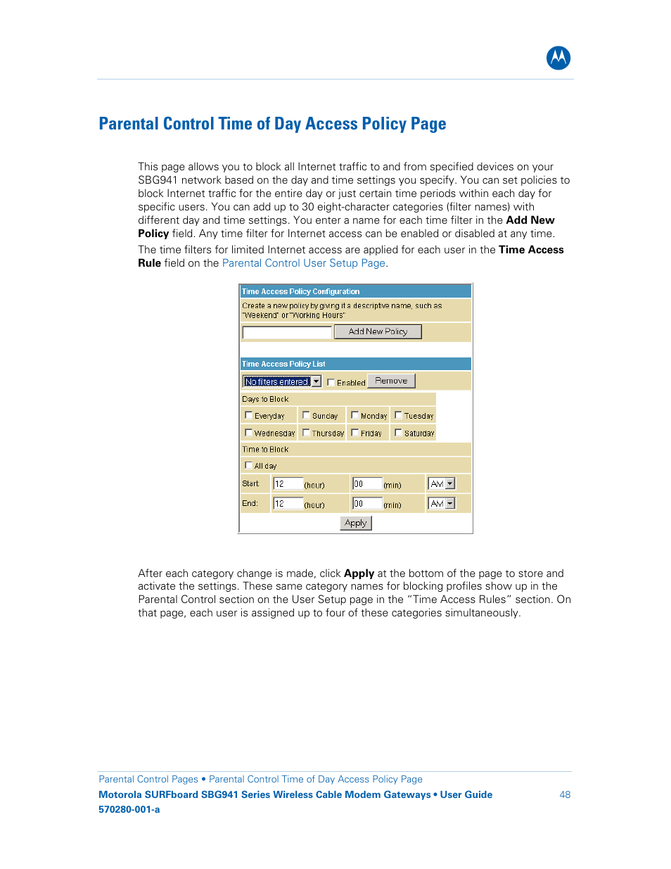 Parental control time of day access policy page | Motorola SURFboard 570280-001-a User Manual | Page 56 / 78
