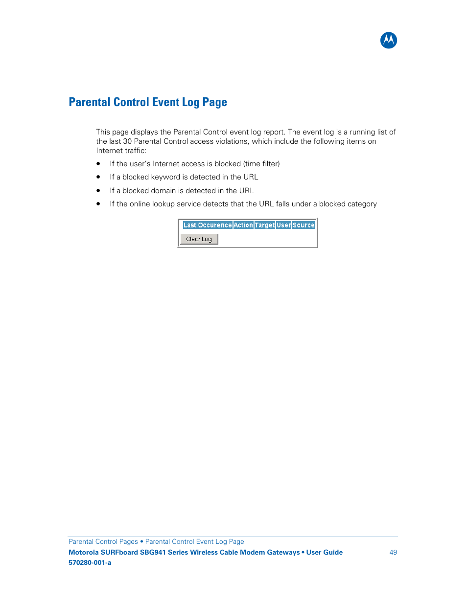 Parental control event log page | Motorola SURFboard 570280-001-a User Manual | Page 57 / 78