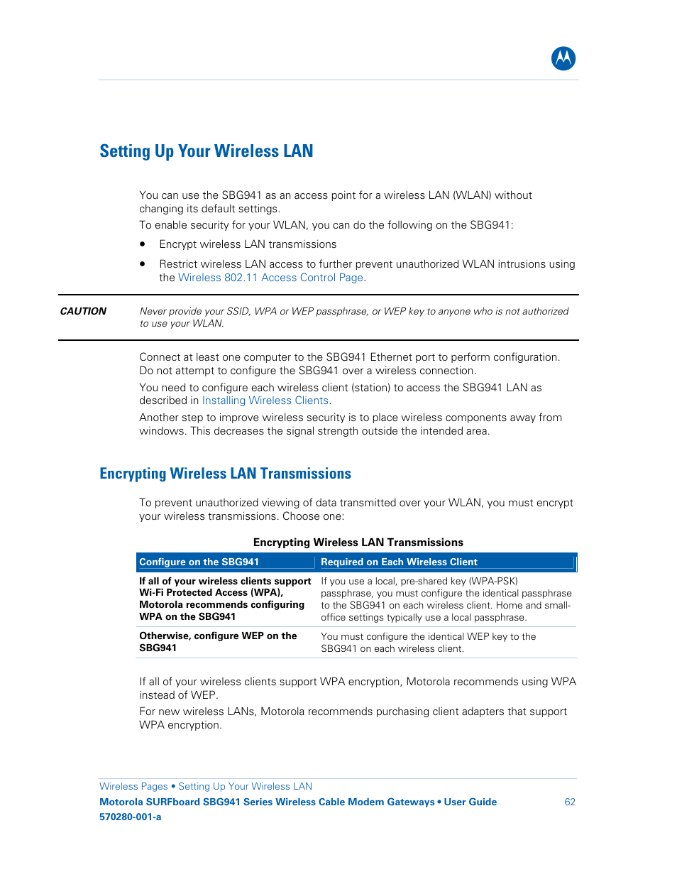 Setting up your wireless lan, Encrypting wireless lan transmissions, Twork, see | Setting up your wireless, Or visit the motorola website, Setting, Up your wireless lan, Starting the sbg | Motorola SURFboard 570280-001-a User Manual | Page 70 / 78
