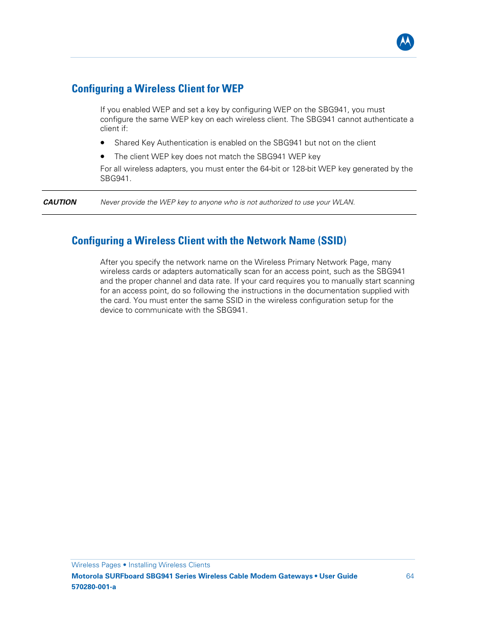 Configuring a wireless client for wep | Motorola SURFboard 570280-001-a User Manual | Page 72 / 78