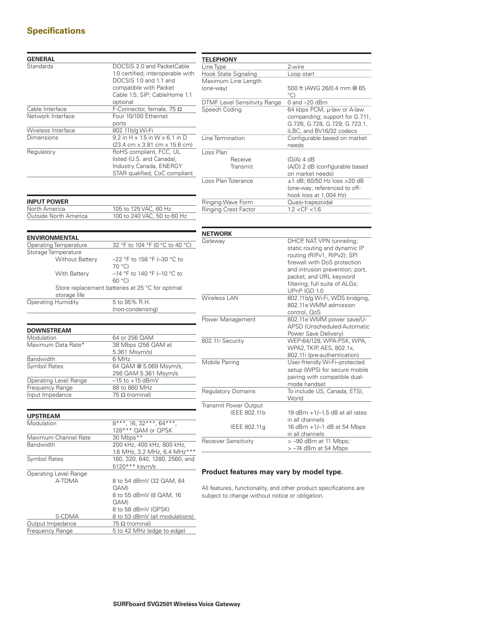 Specifications | Motorola SURFboard SVG2501 User Manual | Page 6 / 8