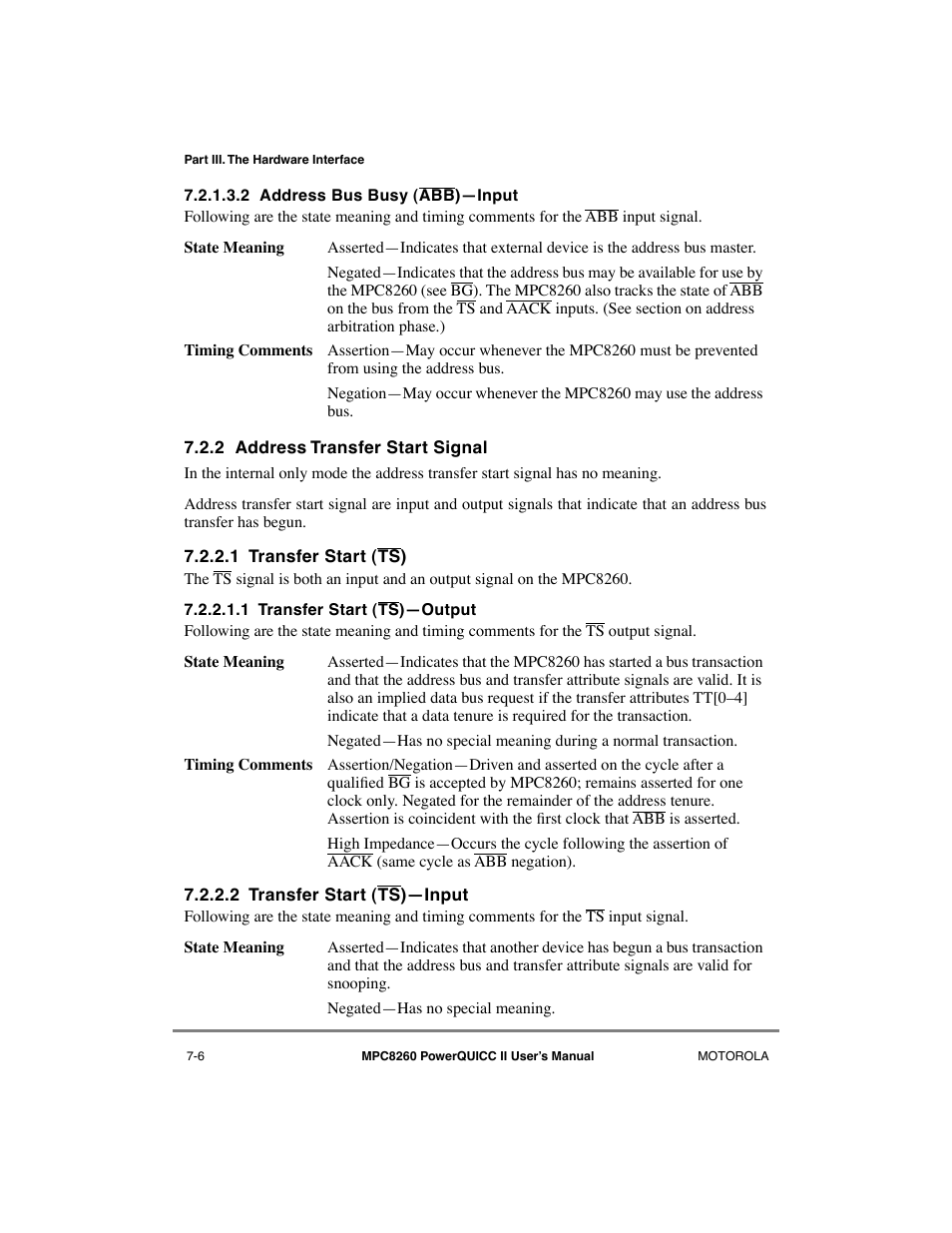 2 address bus busy (abb)—input, 2 address transfer start signal, 1 transfer start (ts) | 1 transfer start (ts)—output, 2 transfer start (ts)—input, Address bus busy (abb)ñinput -6, Address transfer start signal -6, Transfer start (ts) -6, Transfer start (ts)ñoutput -6, Transfer start (ts)ñinput -6 | Motorola MPC8260 User Manual | Page 220 / 1006