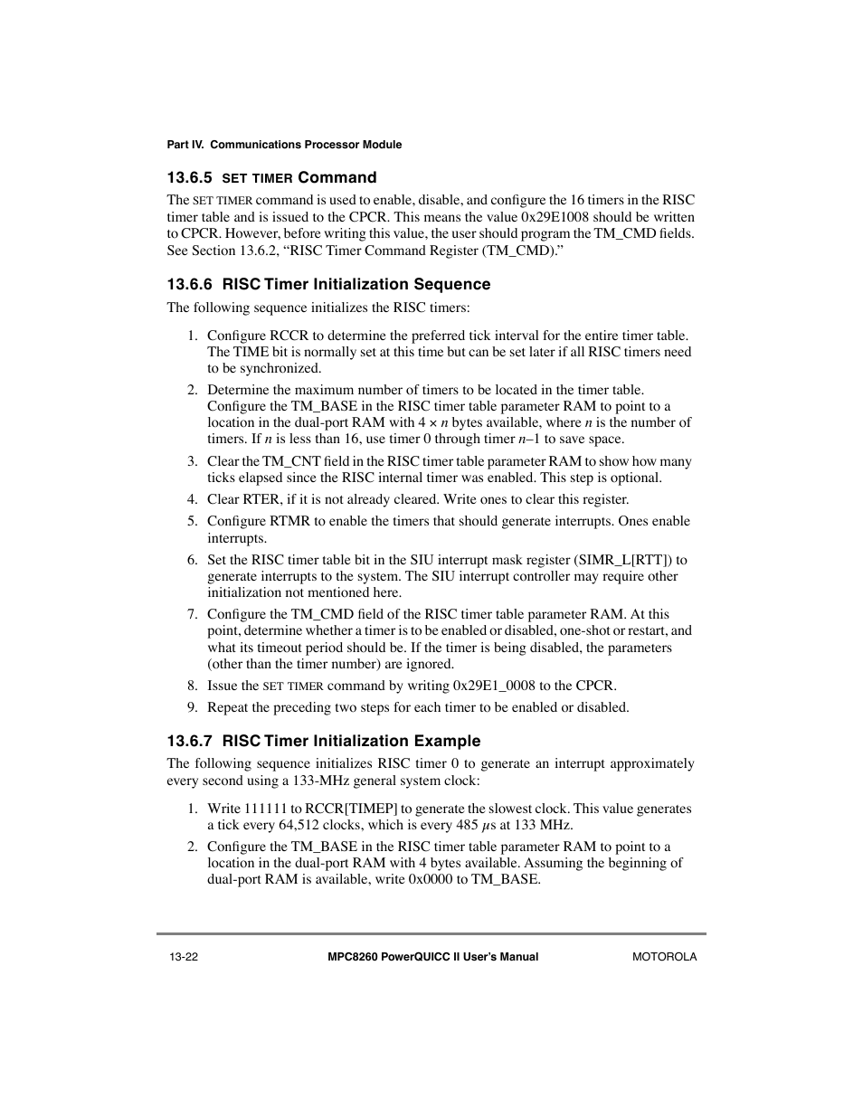 5 set timer command, 6 risc timer initialization sequence, 7 risc timer initialization example | Set timer command -22, Risc timer initialization sequence -22, Risc timer initialization example -22 | Motorola MPC8260 User Manual | Page 452 / 1006
