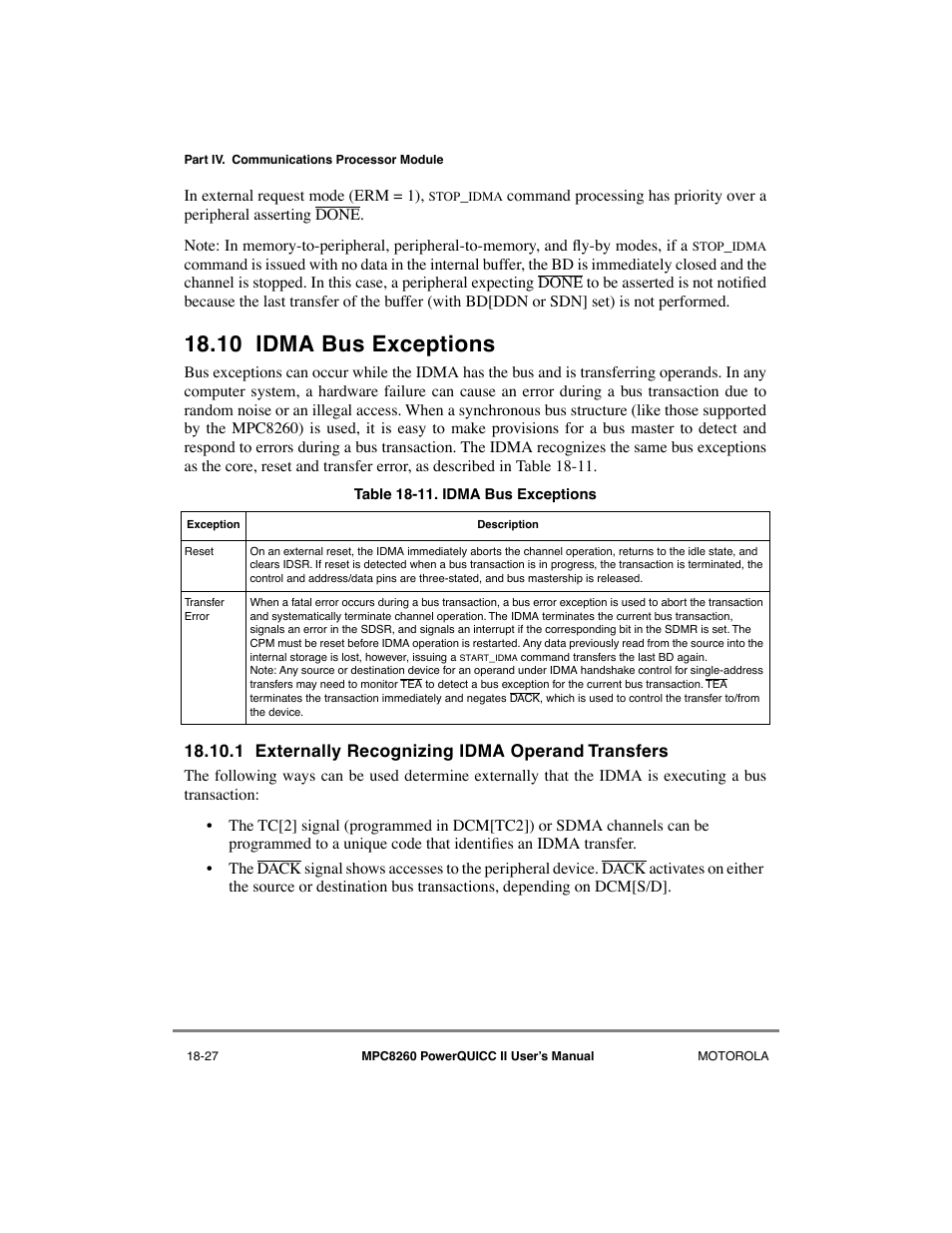 10 idma bus exceptions, 1 externally recognizing idma operand transfers, Idma bus exceptions -27 | Externally recognizing idma operand transfers -27 | Motorola MPC8260 User Manual | Page 551 / 1006