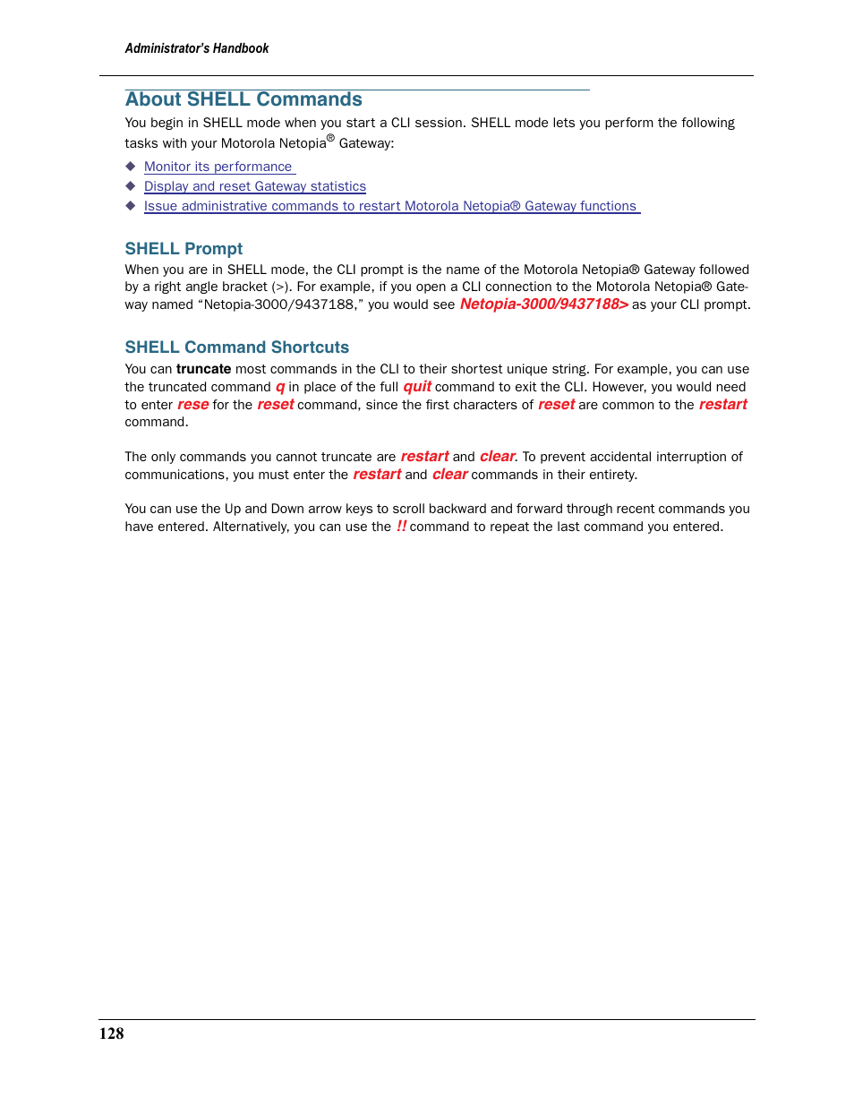 About shell commands, Shell prompt, Shell command shortcuts | Shell prompt shell command shortcuts | Motorola Netopia 3397GP User Manual | Page 128 / 254