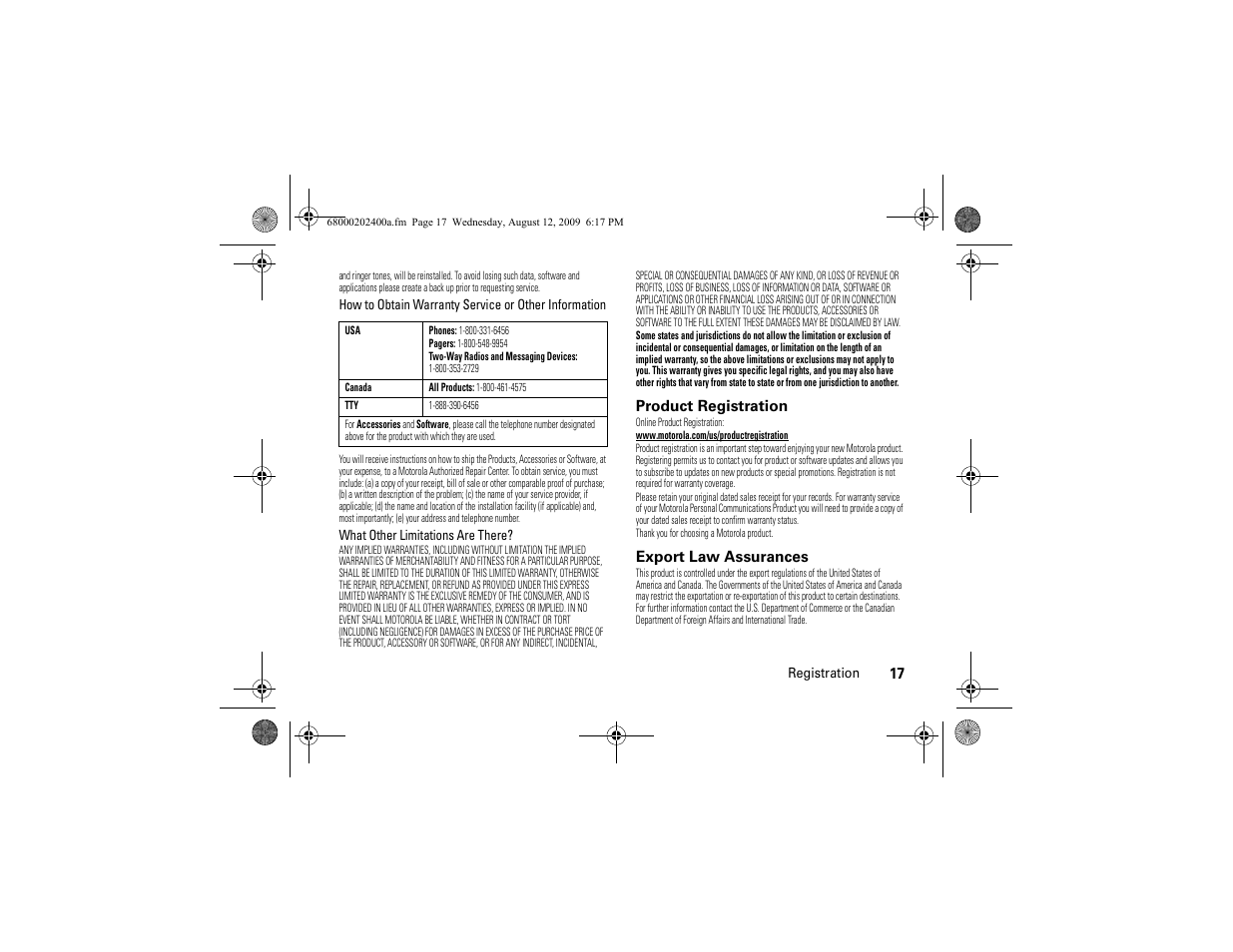 Registration, Export law | Motorola MOTONAV TN500 Series User Manual | Page 19 / 22