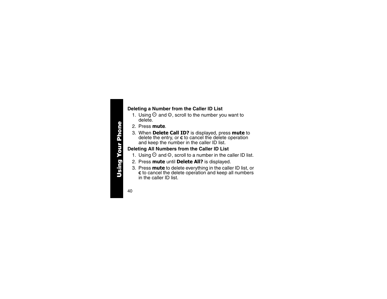 Deleting a number from the caller id list, Deleting all numbers from the caller id list, Deleting a number from | The caller id list, Deleting all numbers from | Motorola MA357 User Manual | Page 42 / 60