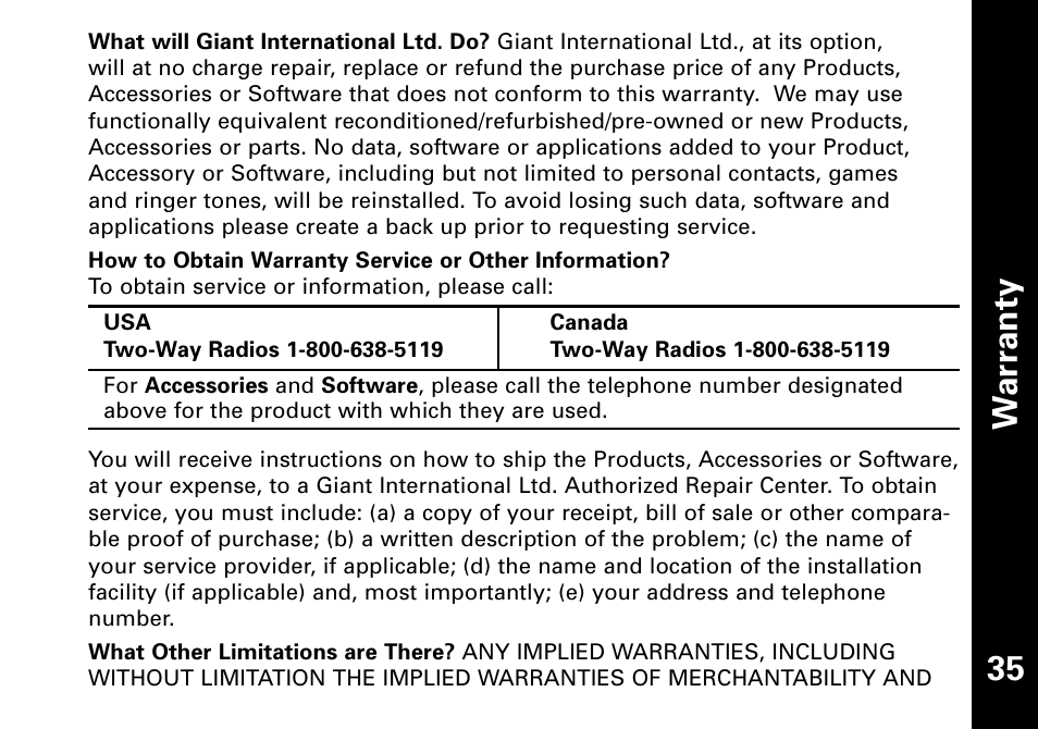 Wa rr a n ty 35 | Motorola T6500 User Manual | Page 36 / 38