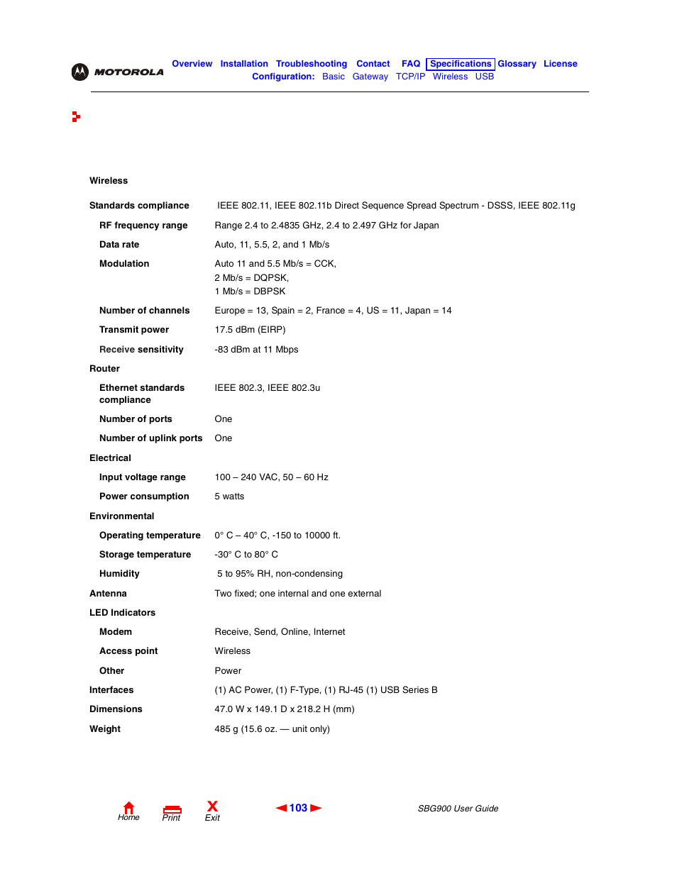 Specifications, General | Motorola SBG900 User Manual | Page 109 / 130