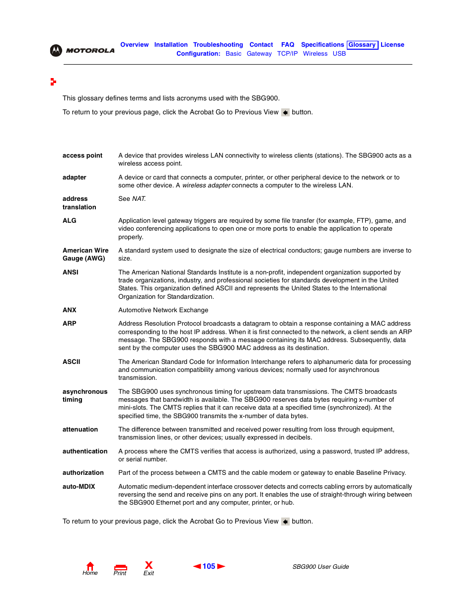 Glossary, Access point, Auto-mdix | Adapter, Eway and | Motorola SBG900 User Manual | Page 111 / 130