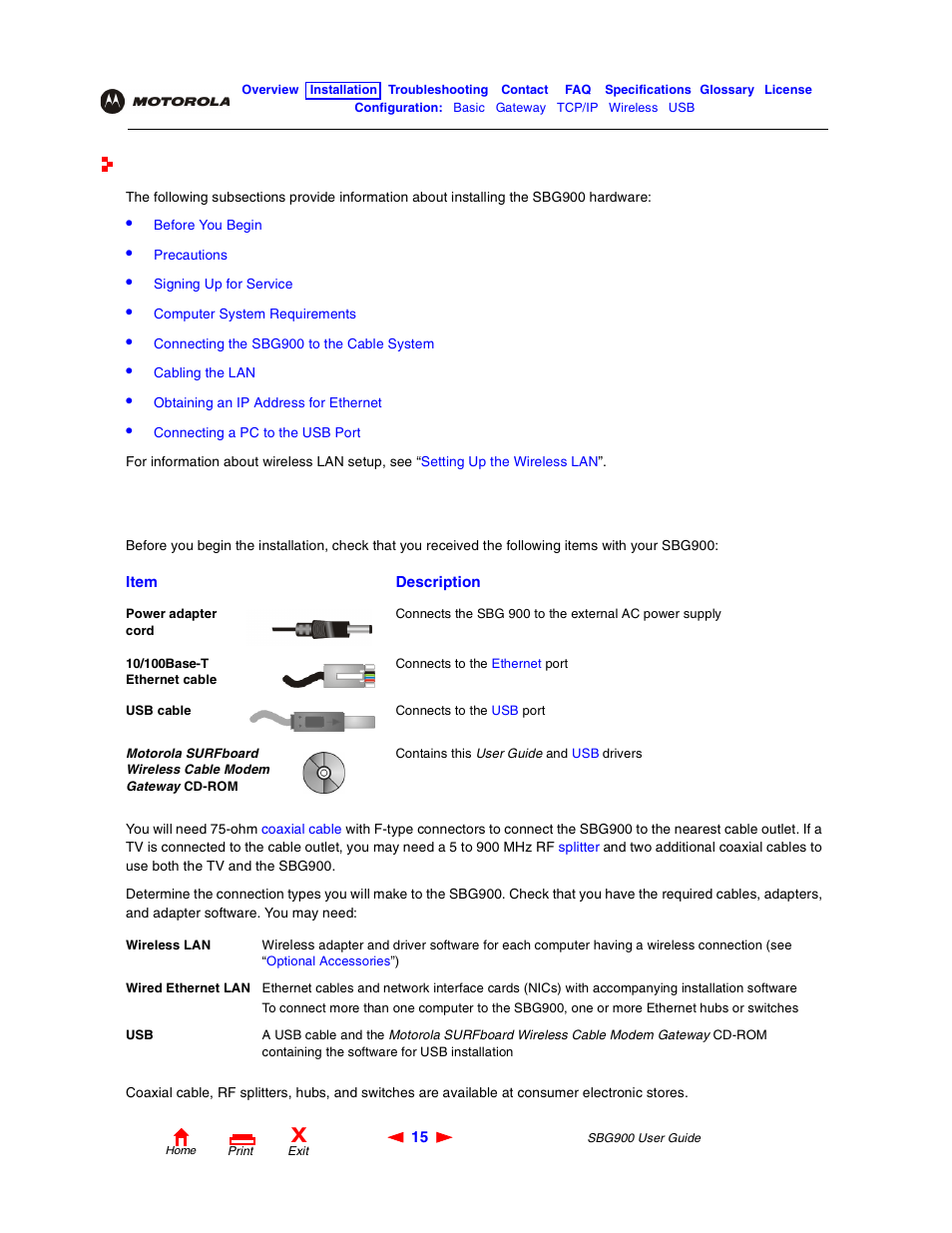 Installation, Before you begin, Installation t | Motorola SBG900 User Manual | Page 21 / 130