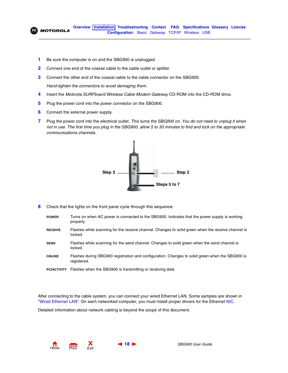 Connecting the sbg900 to the cable system, Cabling the lan | Motorola SBG900 User Manual | Page 24 / 130