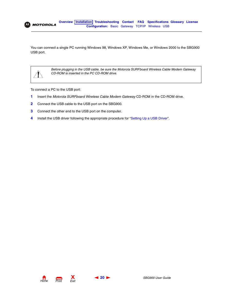 Connecting a pc to the usb port, Caution | Motorola SBG900 User Manual | Page 26 / 130