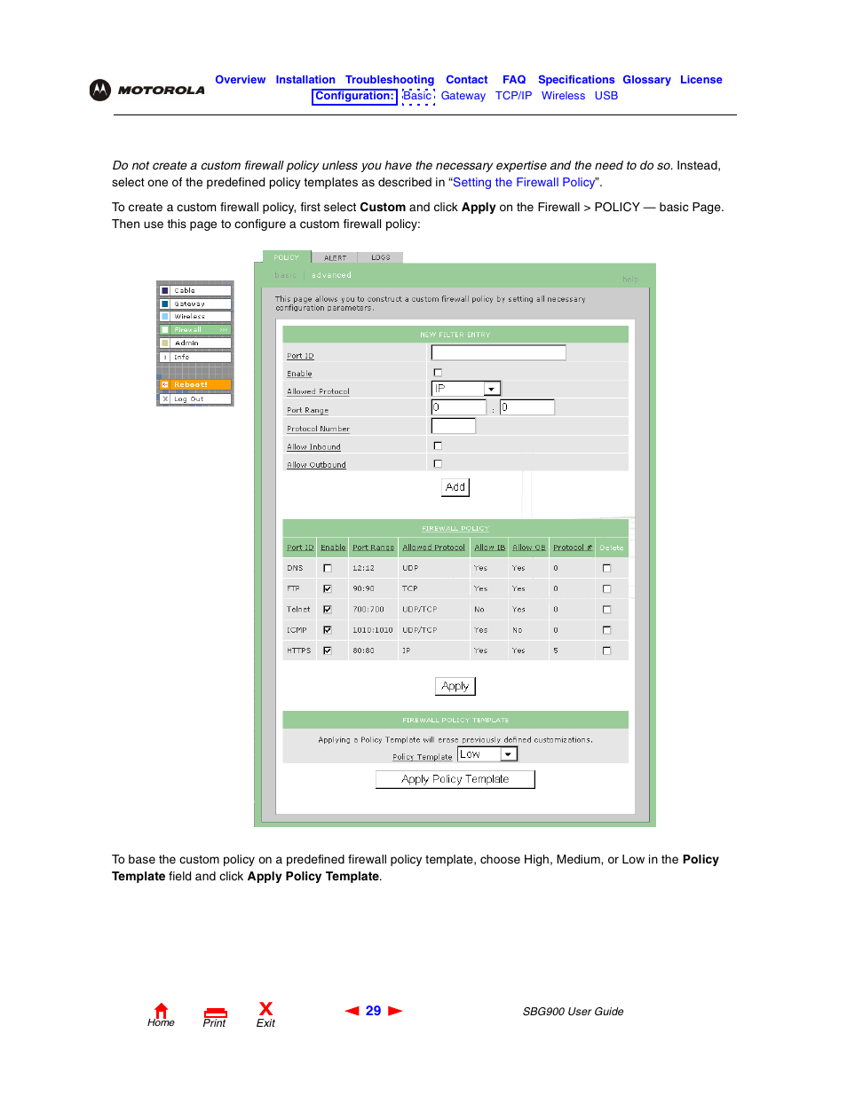 Firewall > policy — advanced page | Motorola SBG900 User Manual | Page 35 / 130