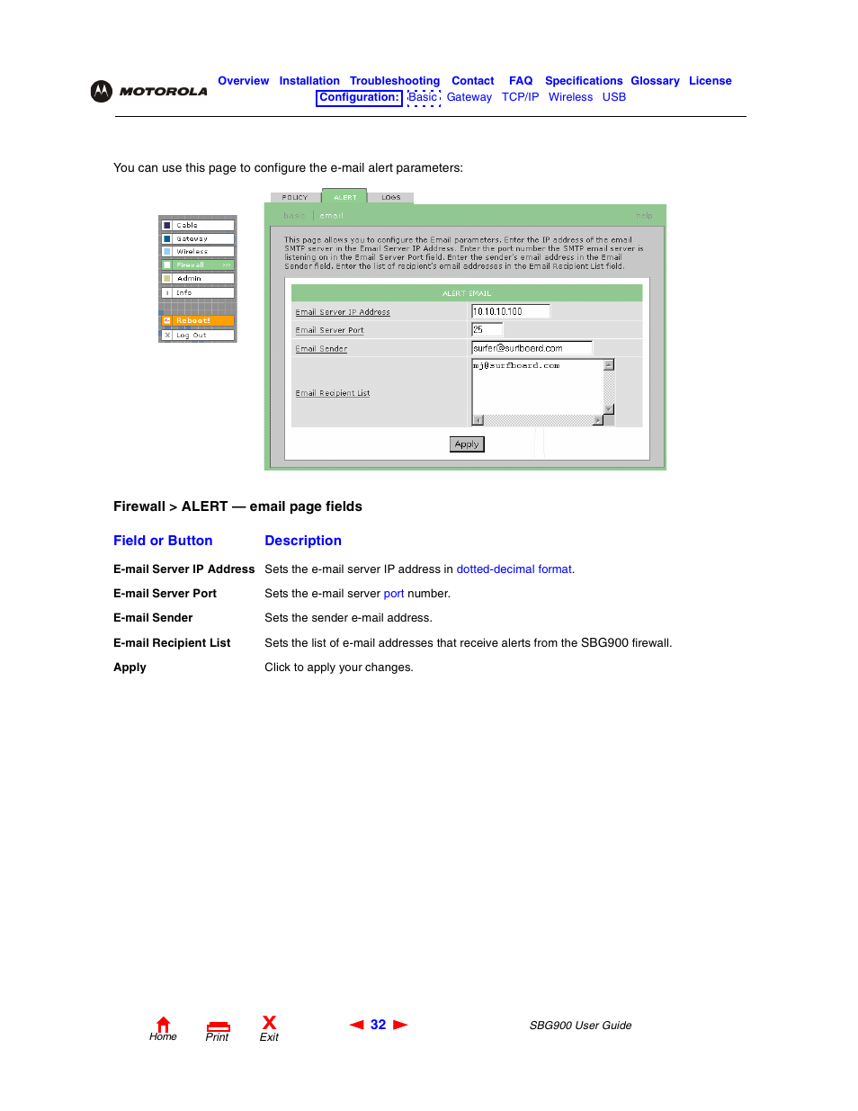 Firewall > alert — email page | Motorola SBG900 User Manual | Page 38 / 130
