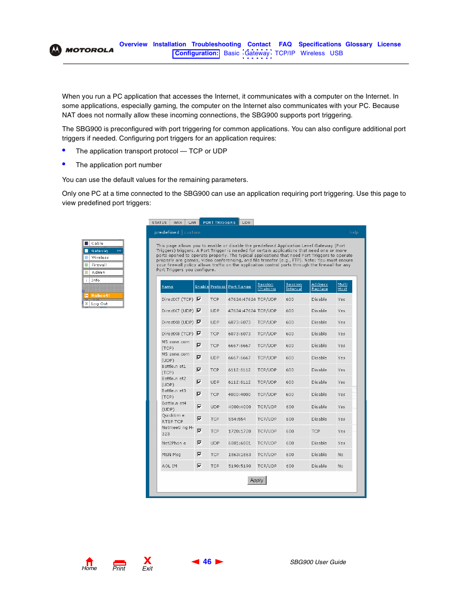 Gateway > port triggers — predefined page | Motorola SBG900 User Manual | Page 52 / 130