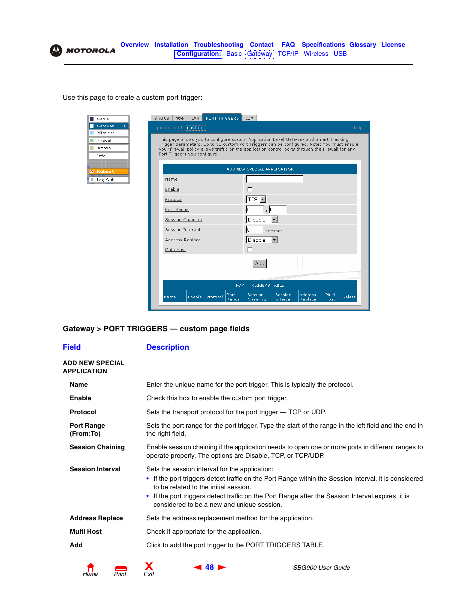 Gateway > port triggers — custom page | Motorola SBG900 User Manual | Page 54 / 130