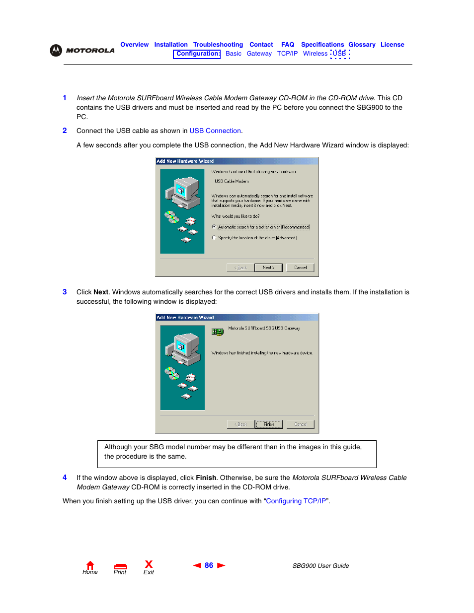 Setting up a usb driver in windowsme, Setting up a usb driver in windows me | Motorola SBG900 User Manual | Page 92 / 130