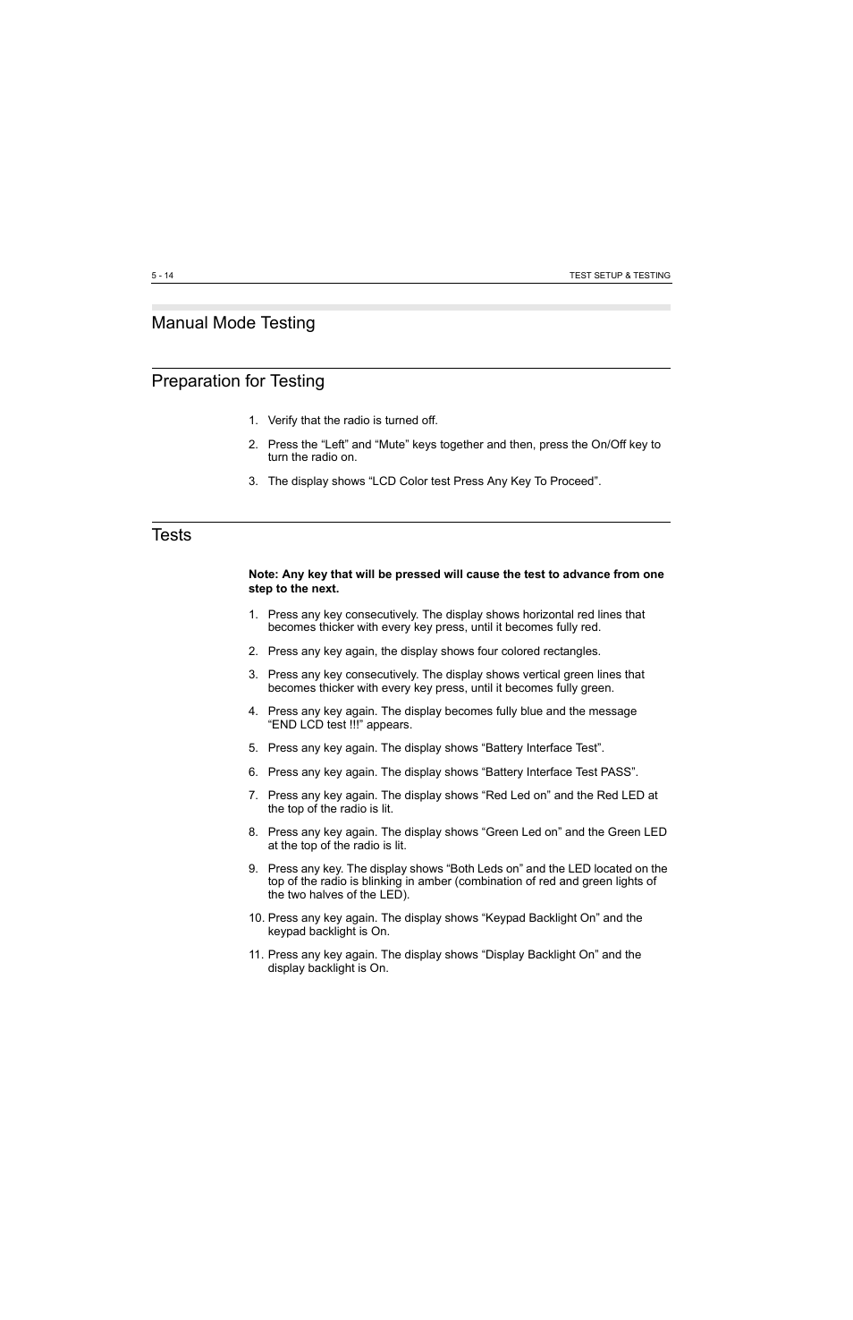 Manual mode testing, Preparation for testing, Tests | Manual mode testing -14, Preparation for testing -14 tests -14, Manual mode testing preparation for testing | Motorola MTP810 EX User Manual | Page 47 / 59