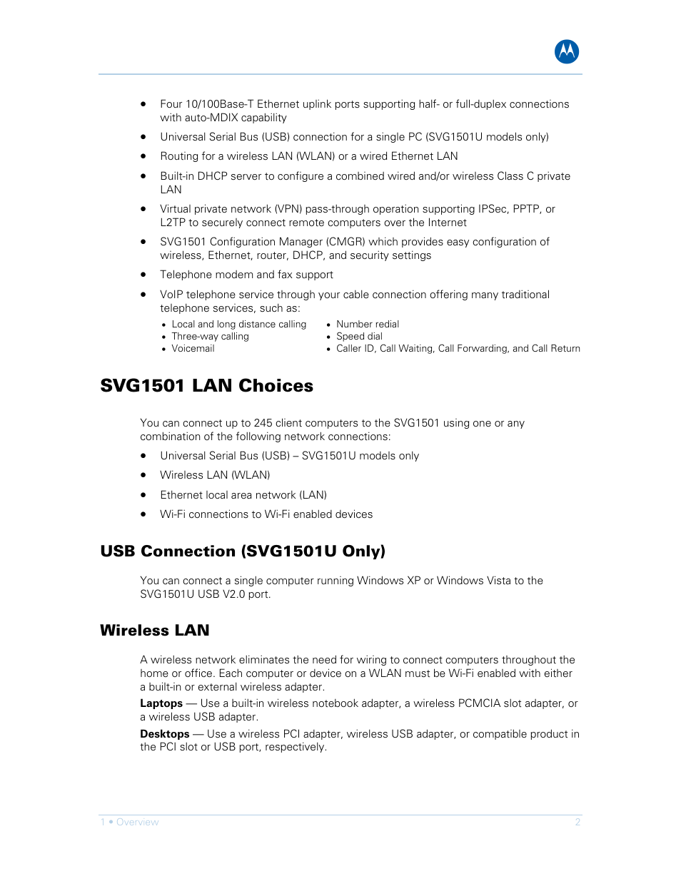 Svg1501 lan choices, Usb connection (svg1501u only), Wireless lan | Motorola SURFboard SVG1501E User Manual | Page 12 / 83