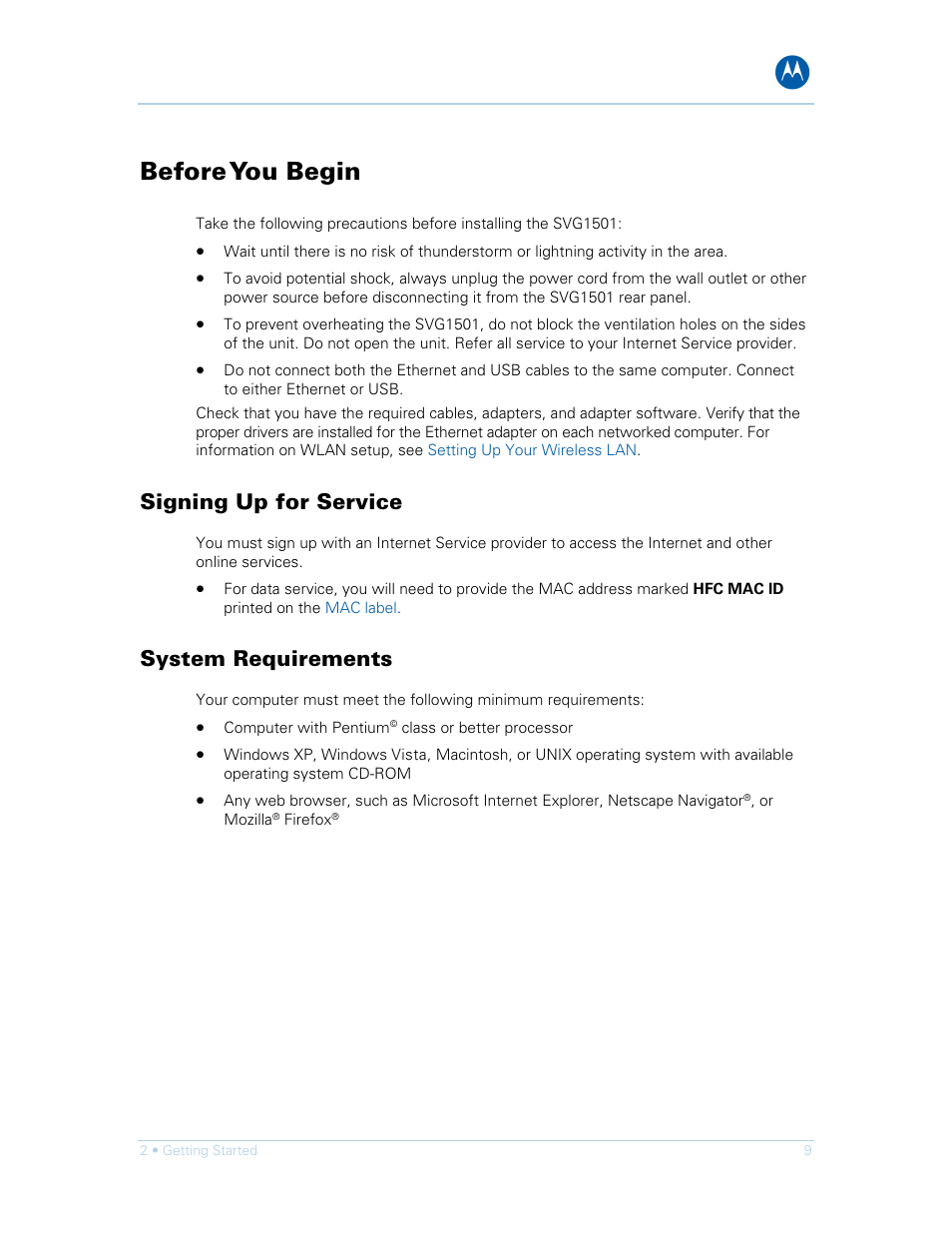 Before you begin, Signing up for service, System requirements | Motorola SURFboard SVG1501E User Manual | Page 19 / 83