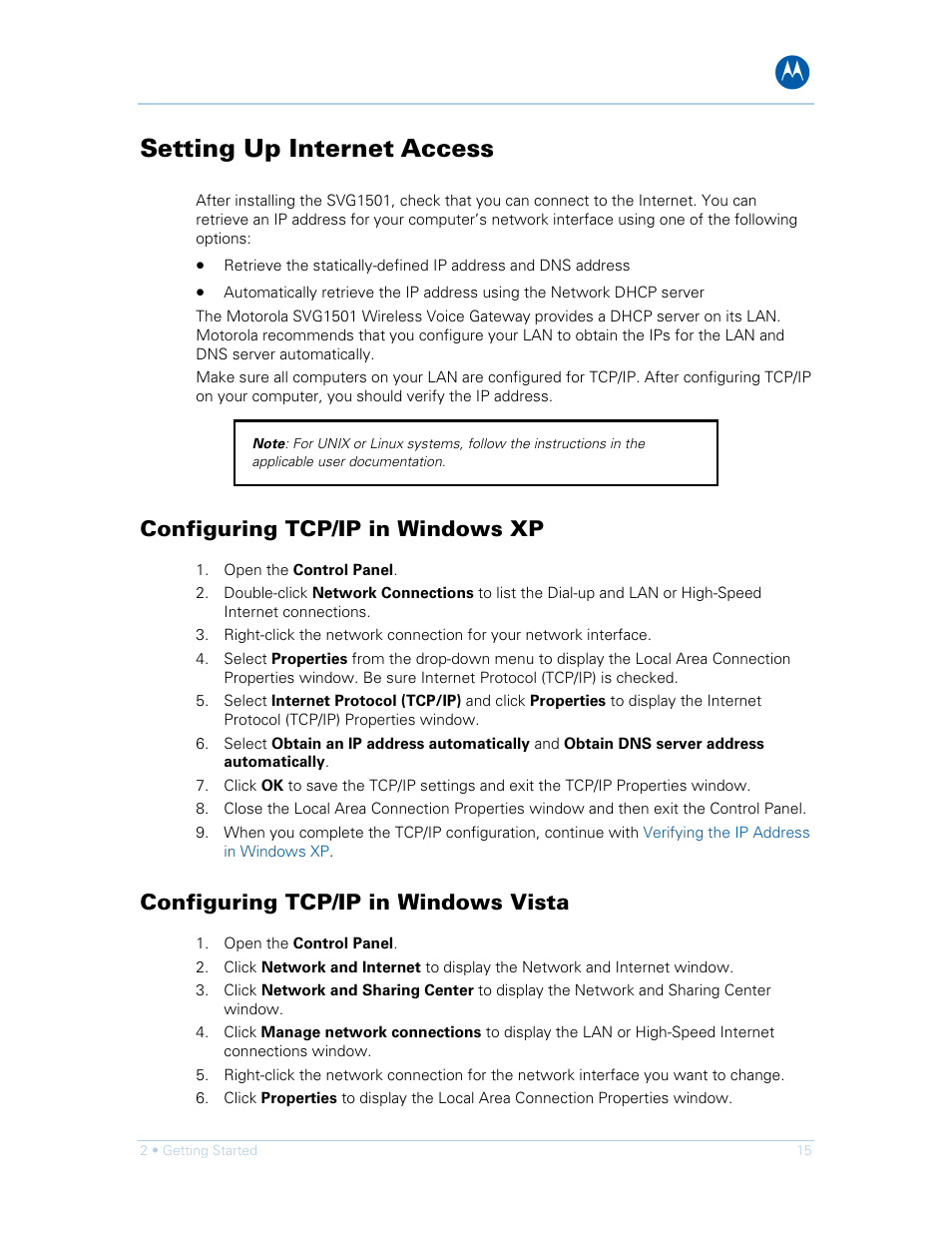 Setting up internet access, Configuring tcp/ip in windows xp, Configuring tcp/ip in windows vista | Motorola SURFboard SVG1501E User Manual | Page 25 / 83