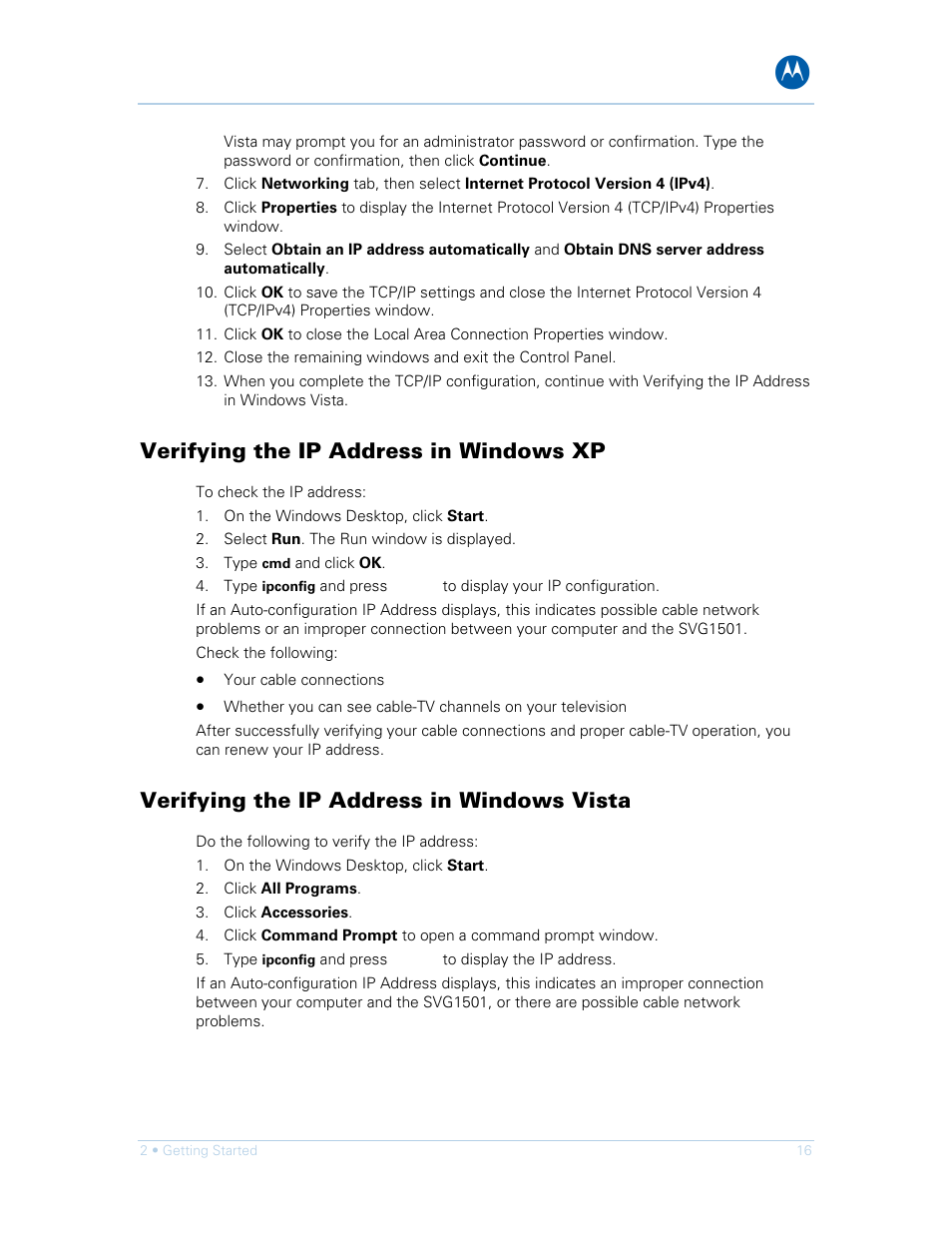 Verifying the ip address in windows xp, Verifying the ip address in windows vista | Motorola SURFboard SVG1501E User Manual | Page 26 / 83