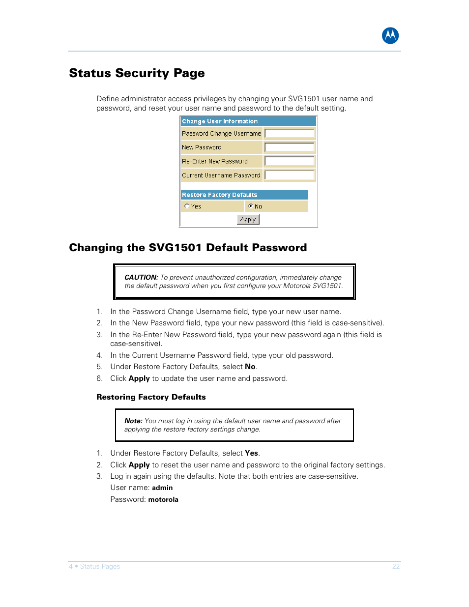Changing the svg1501 default password, Restoring factory defaults, Status security page | Motorola SURFboard SVG1501E User Manual | Page 32 / 83