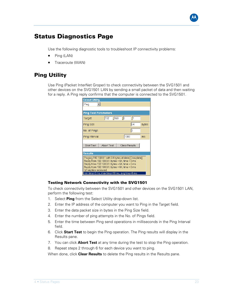 Ping utility, Testing network connectivity with the svg1501, Status diagnostics page | Motorola SURFboard SVG1501E User Manual | Page 33 / 83