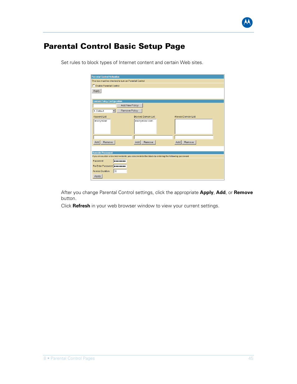 Parental control basic setup page | Motorola SURFboard SVG1501E User Manual | Page 55 / 83