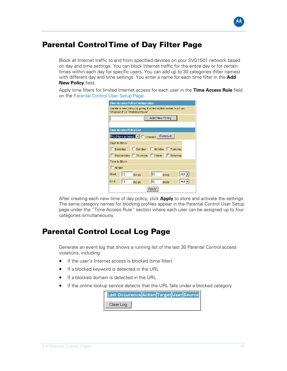 Parental control time of day filter page, Parental control local log page | Motorola SURFboard SVG1501E User Manual | Page 56 / 83