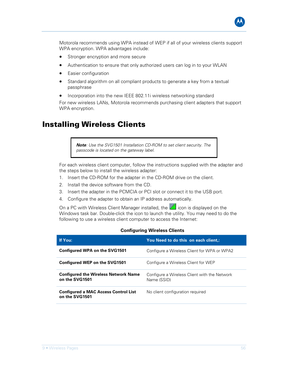 Installing wireless clients | Motorola SURFboard SVG1501E User Manual | Page 66 / 83