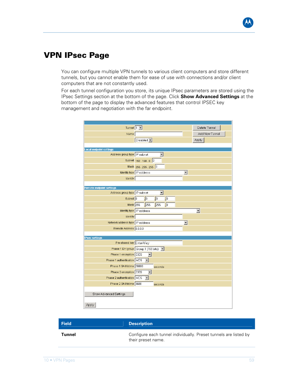 Vpn ipsec page | Motorola SURFboard SVG1501E User Manual | Page 69 / 83