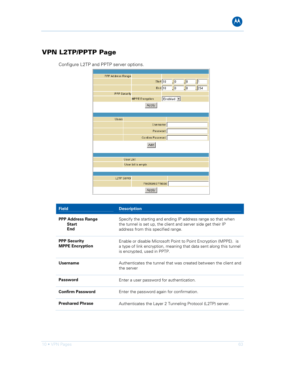 Vpn l2tp/pptp page | Motorola SURFboard SVG1501E User Manual | Page 73 / 83