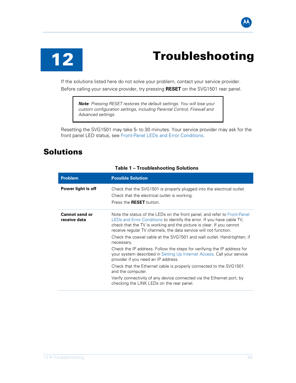 Troubleshooting, Solutions | Motorola SURFboard SVG1501E User Manual | Page 79 / 83